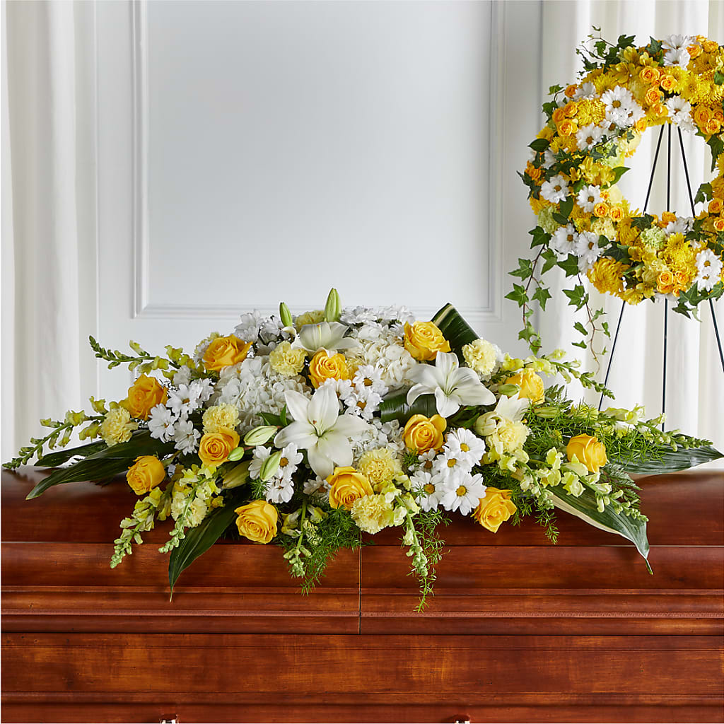 Golden Harmony Casket Spray – The Eclectic Florist, Northwood NH