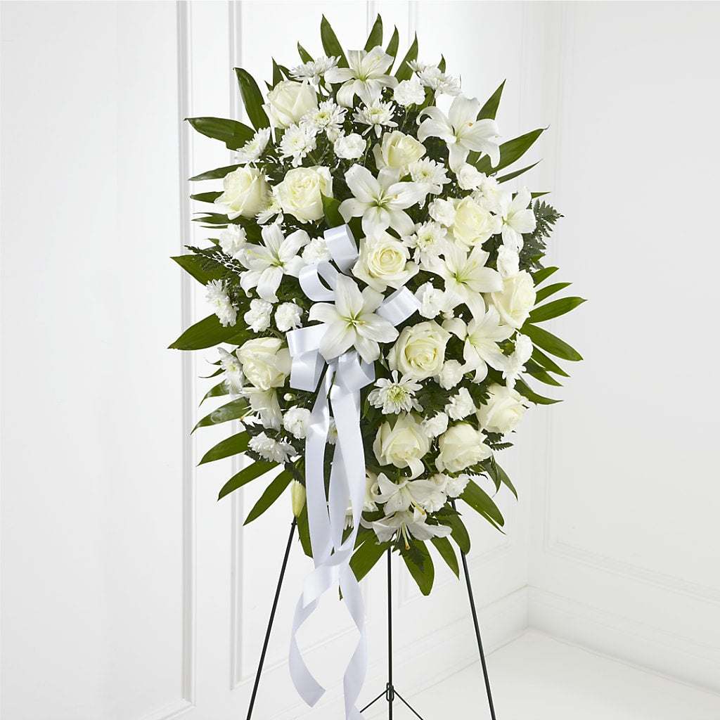 Exquisite Tribute Standing Spray-White Ribbon – The Eclectic Florist, Northwood NH